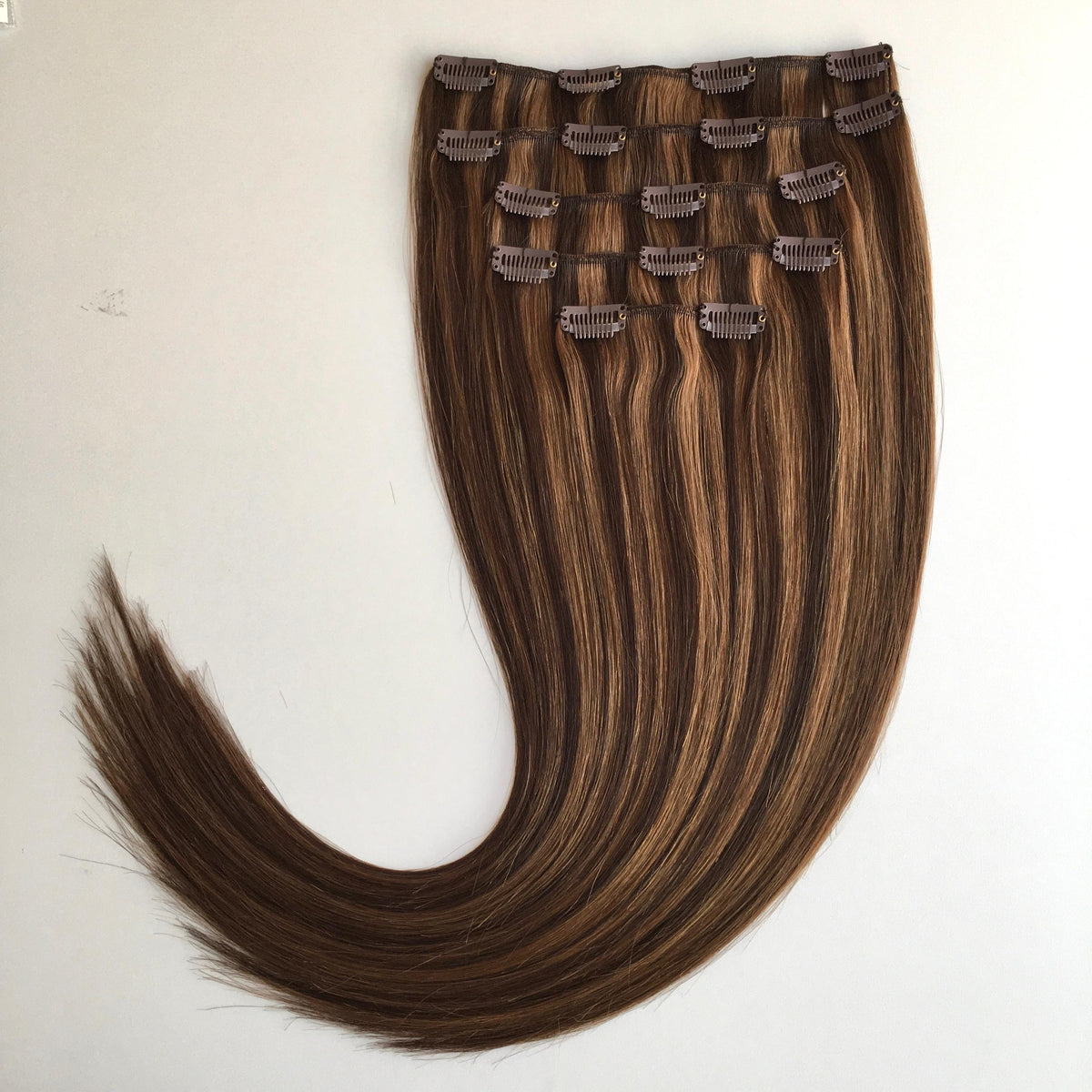 Clip-in extension set construction reference. Choose your collection, shade and texture separately; pictured hair is Straight.
